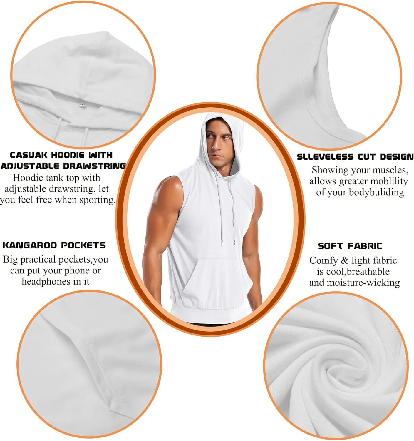 Amussiar Men's Workout Hooded Tank Tops Sleeveless Gym Training Hoodies Bodybuilding Muscle Cut Off T Shirt