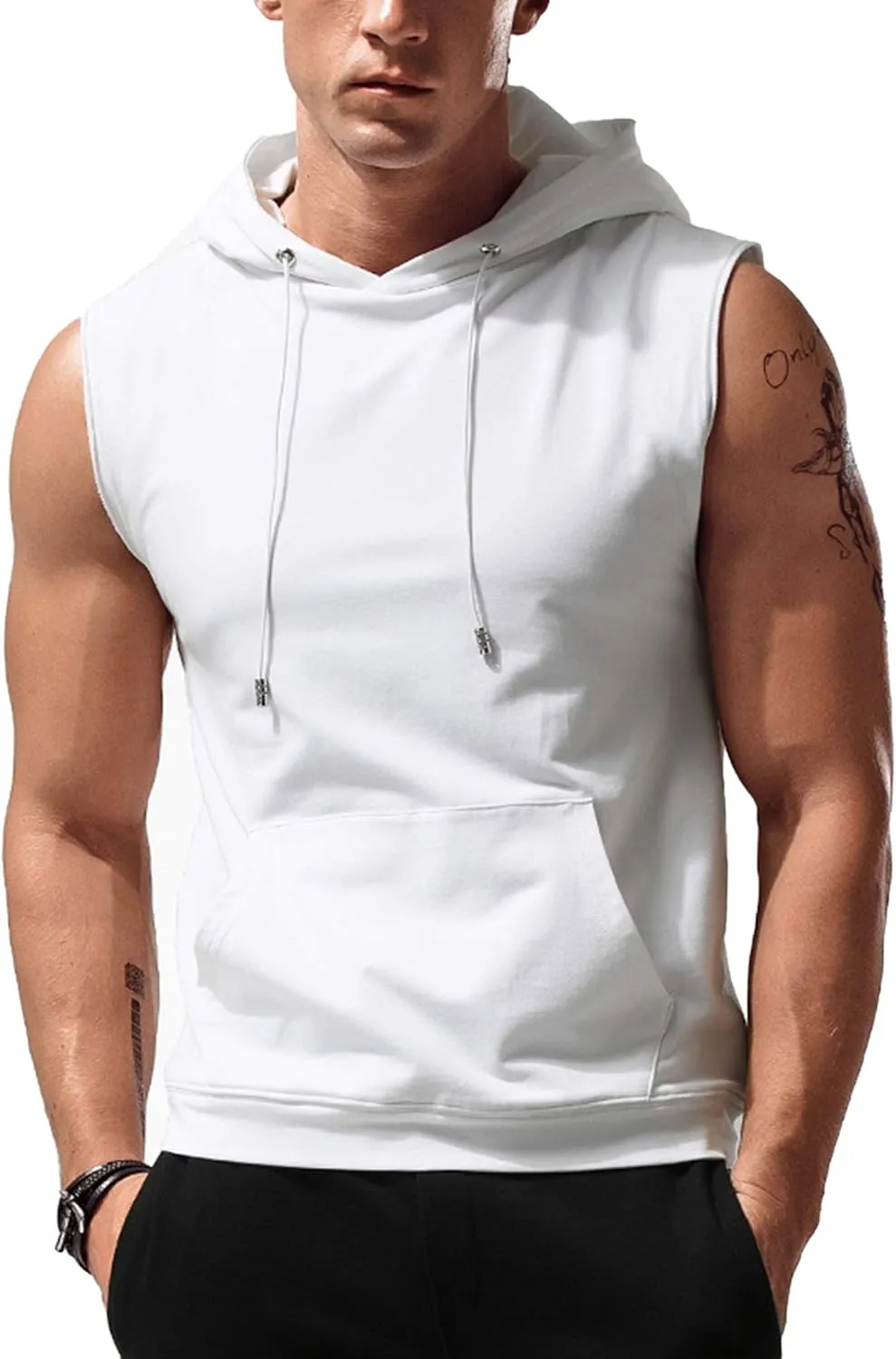 Amussiar Men's Workout Hooded Tank Tops Sleeveless Gym Training Hoodies Bodybuilding Muscle Cut Off T Shirt