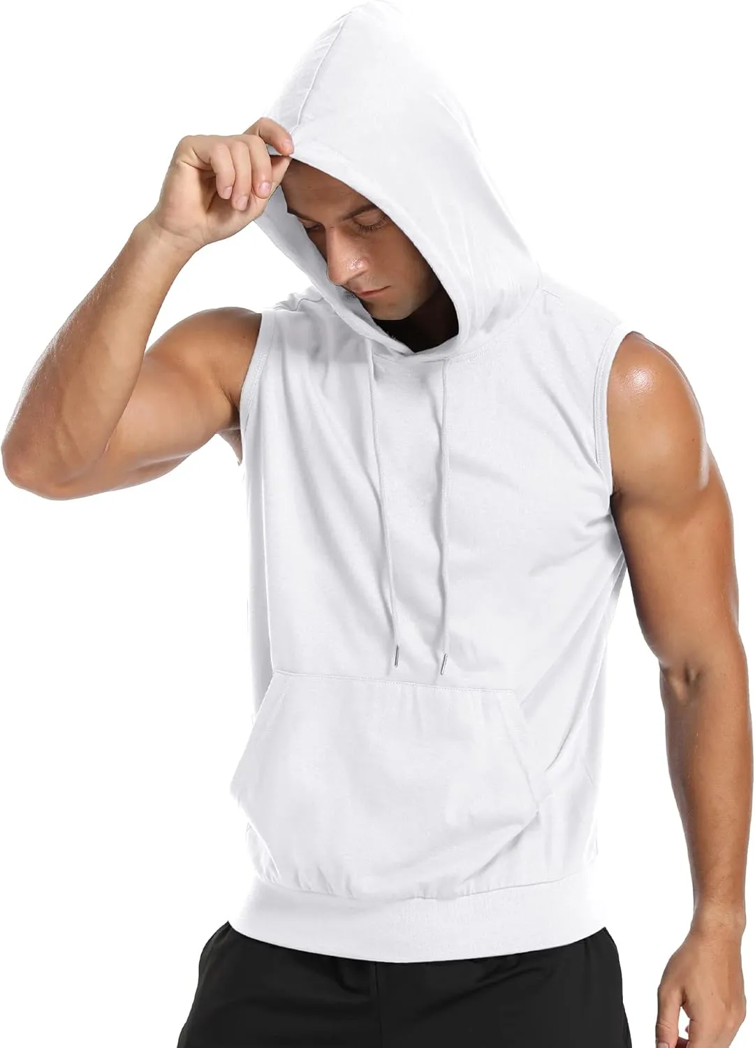 Amussiar Men's Workout Hooded Tank Tops Sleeveless Gym Training Hoodies Bodybuilding Muscle Cut Off T Shirt
