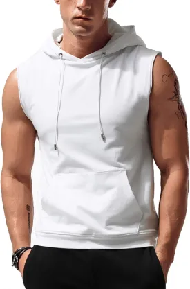 Amussiar Men's Workout Hooded Tank Tops Sleeveless Gym Training Hoodies Bodybuilding Muscle Cut Off T Shirt