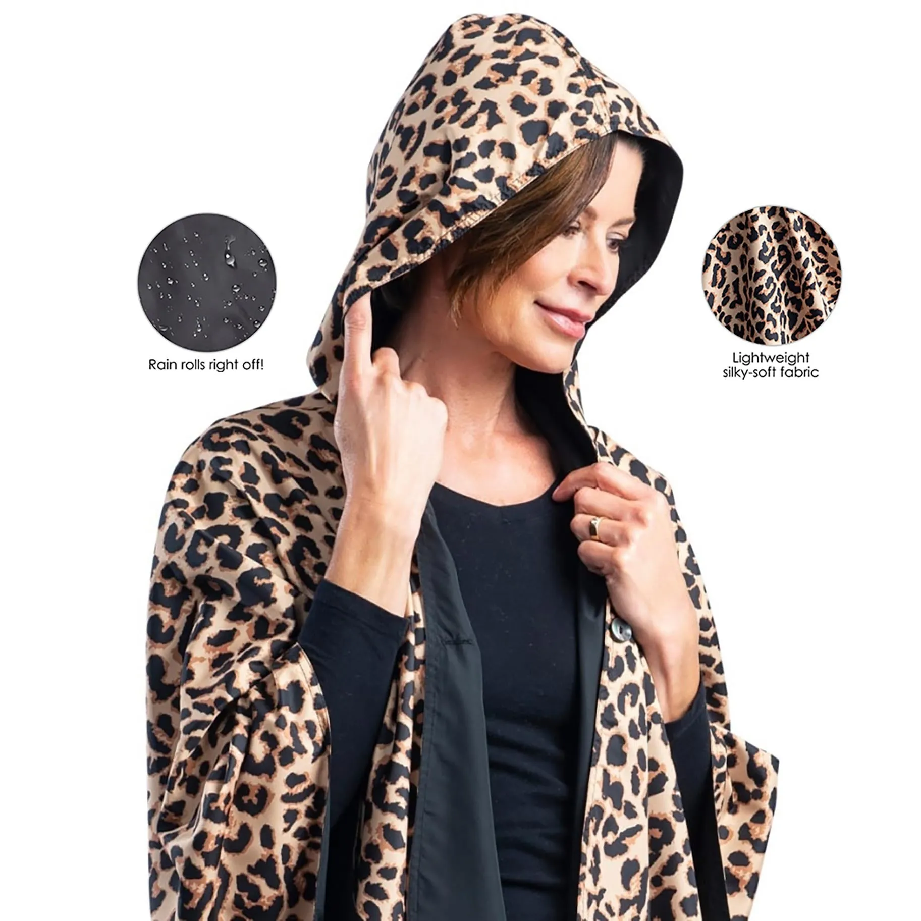 Black & Leopard Animal Print Womens Rain Cape - Rainproof Breathable Rain Poncho