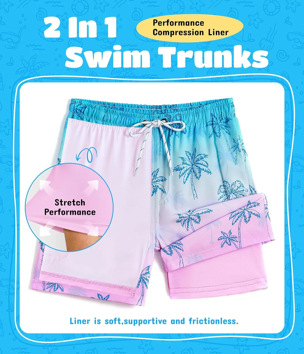 Boys Swim Trunks with Compression Liner Boys Quick Dry 2 in 1 Swim Shorts Summer Beach Shorts