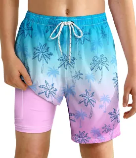 Boys Swim Trunks with Compression Liner Boys Quick Dry 2 in 1 Swim Shorts Summer Beach Shorts