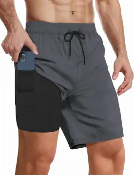 Buauty Mens Swim Trunks with Compression Liner 7 Inch Inseam Quick Dry Swim Shorts Mens Swimsuit Board Shorts with Pockets