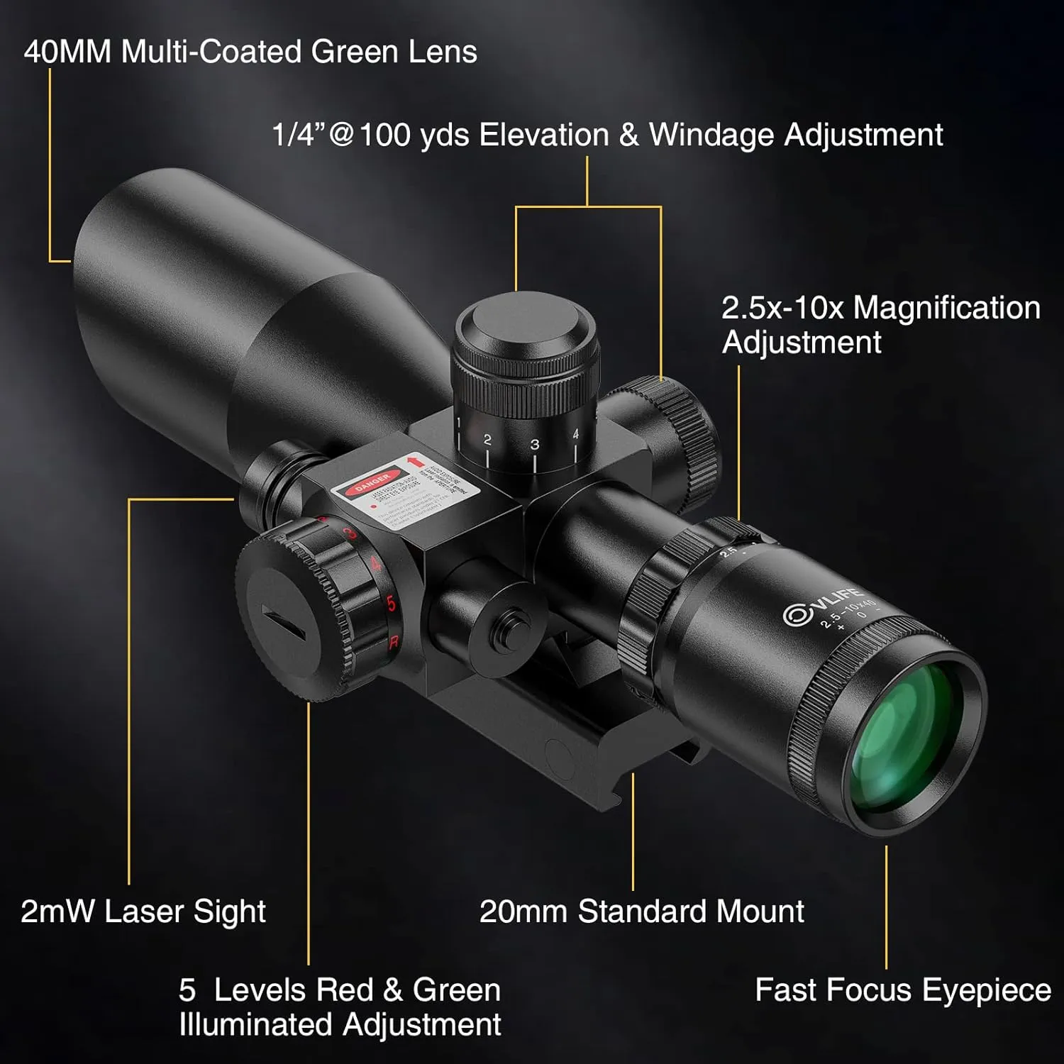 CVLIFE 2.5-10x40e Red & Green Illuminated Scope with 20mm Mount