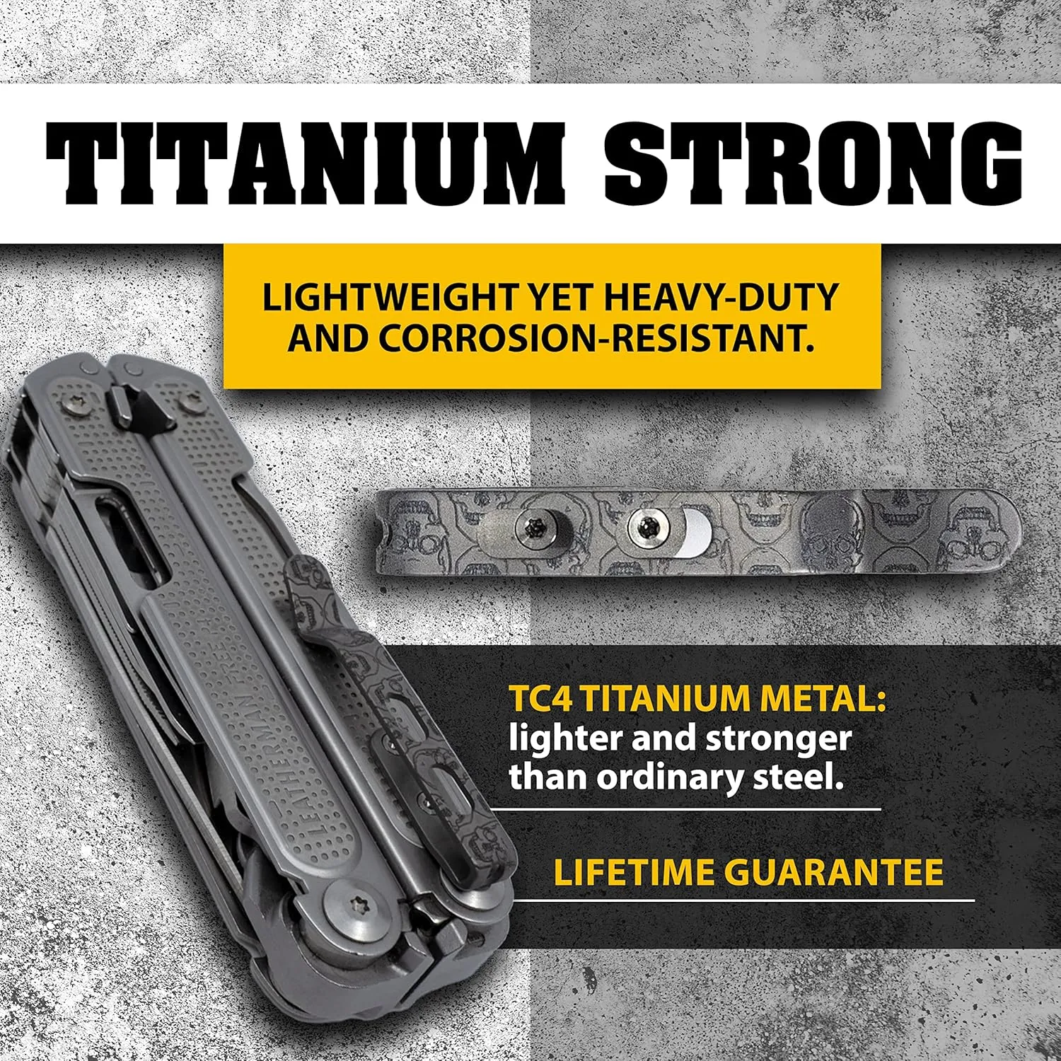 Donk! Titanium Pocket Clip. Made for Leatherman Free (P2, P4, T2 & T4) Curl & Bond. TC4 Titanium. Matte Finish. 2 Screws. 5 Custom Designs. Extra Carry Options - 'Numb Skulls