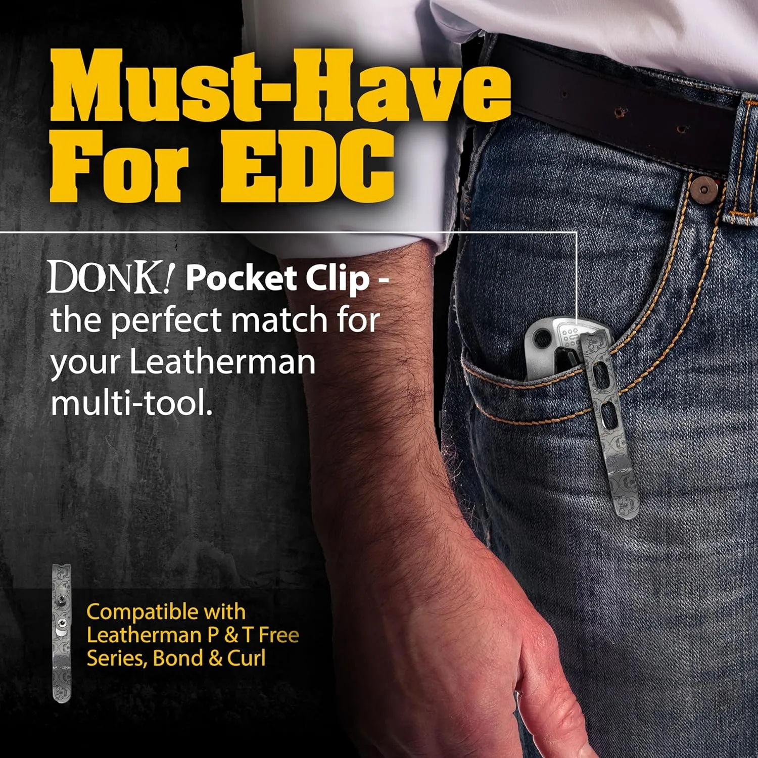 Donk! Titanium Pocket Clip. Made for Leatherman Free (P2, P4, T2 & T4) Curl & Bond. TC4 Titanium. Matte Finish. 2 Screws. 5 Custom Designs. Extra Carry Options - 'Numb Skulls