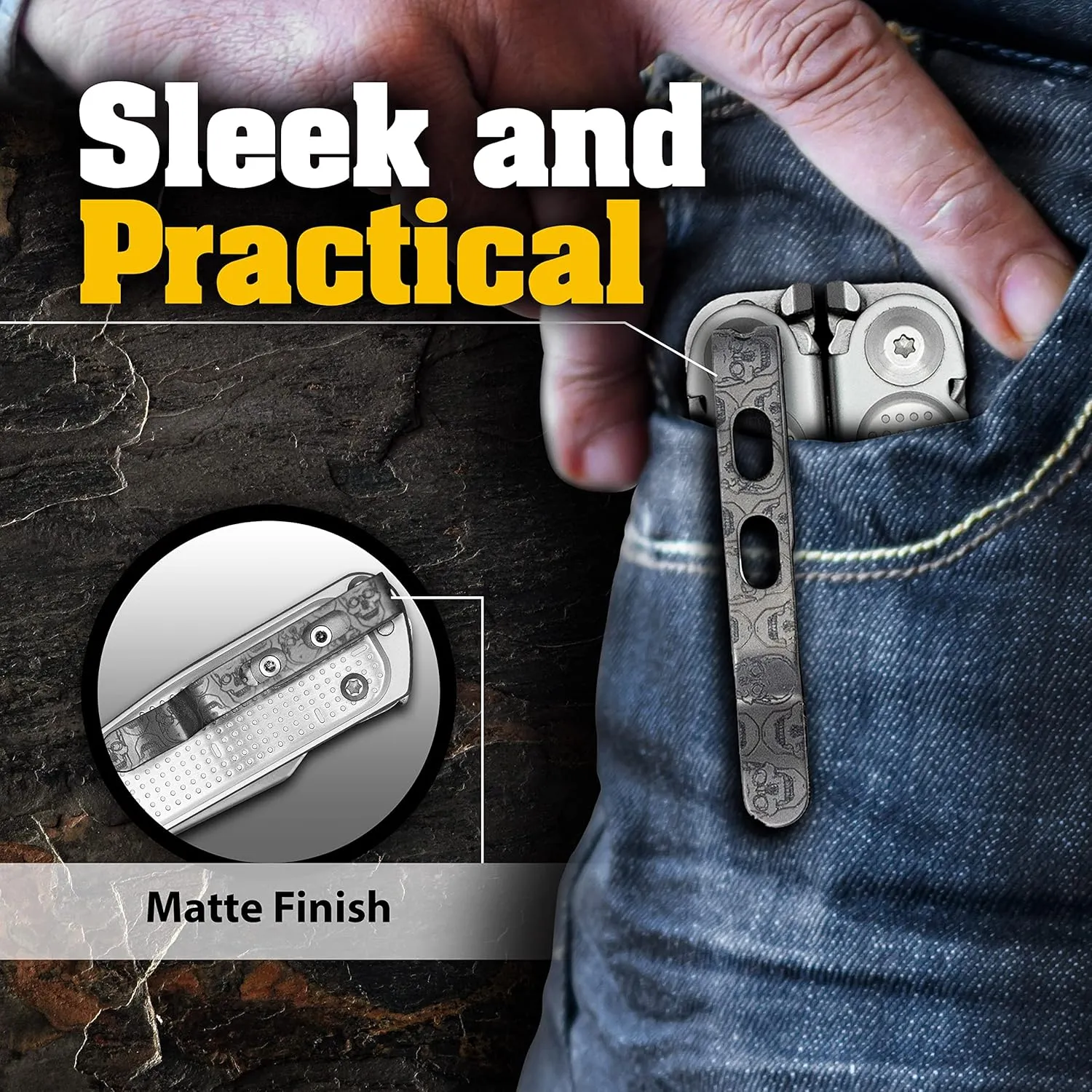 Donk! Titanium Pocket Clip. Made for Leatherman Free (P2, P4, T2 & T4) Curl & Bond. TC4 Titanium. Matte Finish. 2 Screws. 5 Custom Designs. Extra Carry Options - 'Numb Skulls