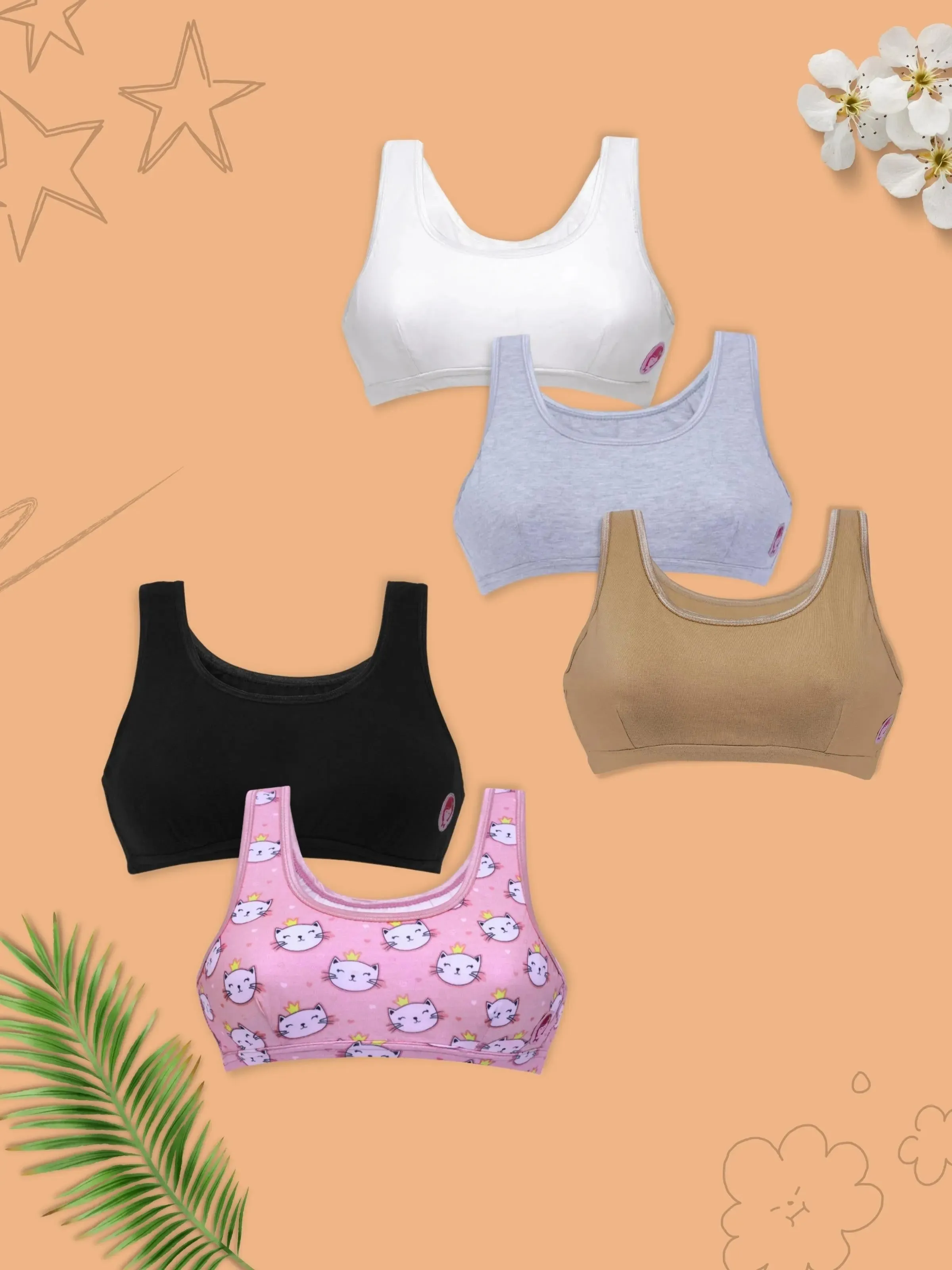 Double-Layer Broad Strap Cotton Sports Bra | Non-Padded Beginner Bra | Printed & Solid Bra
