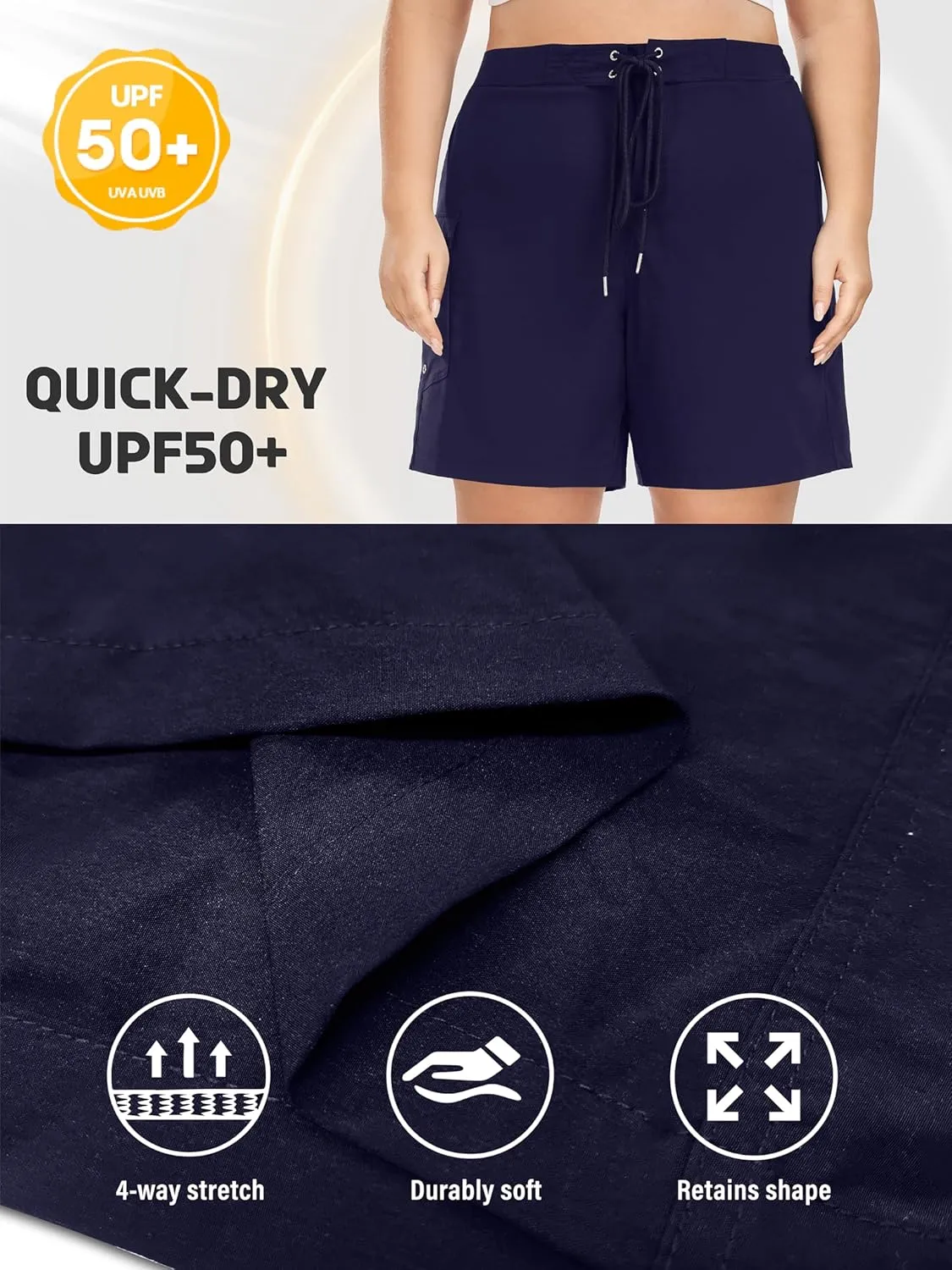 FOREYOND Women's Plus Size Board Shorts Quick Dry Swim Shorts High Waisted Swim Pants with Pockets Liner Trunks