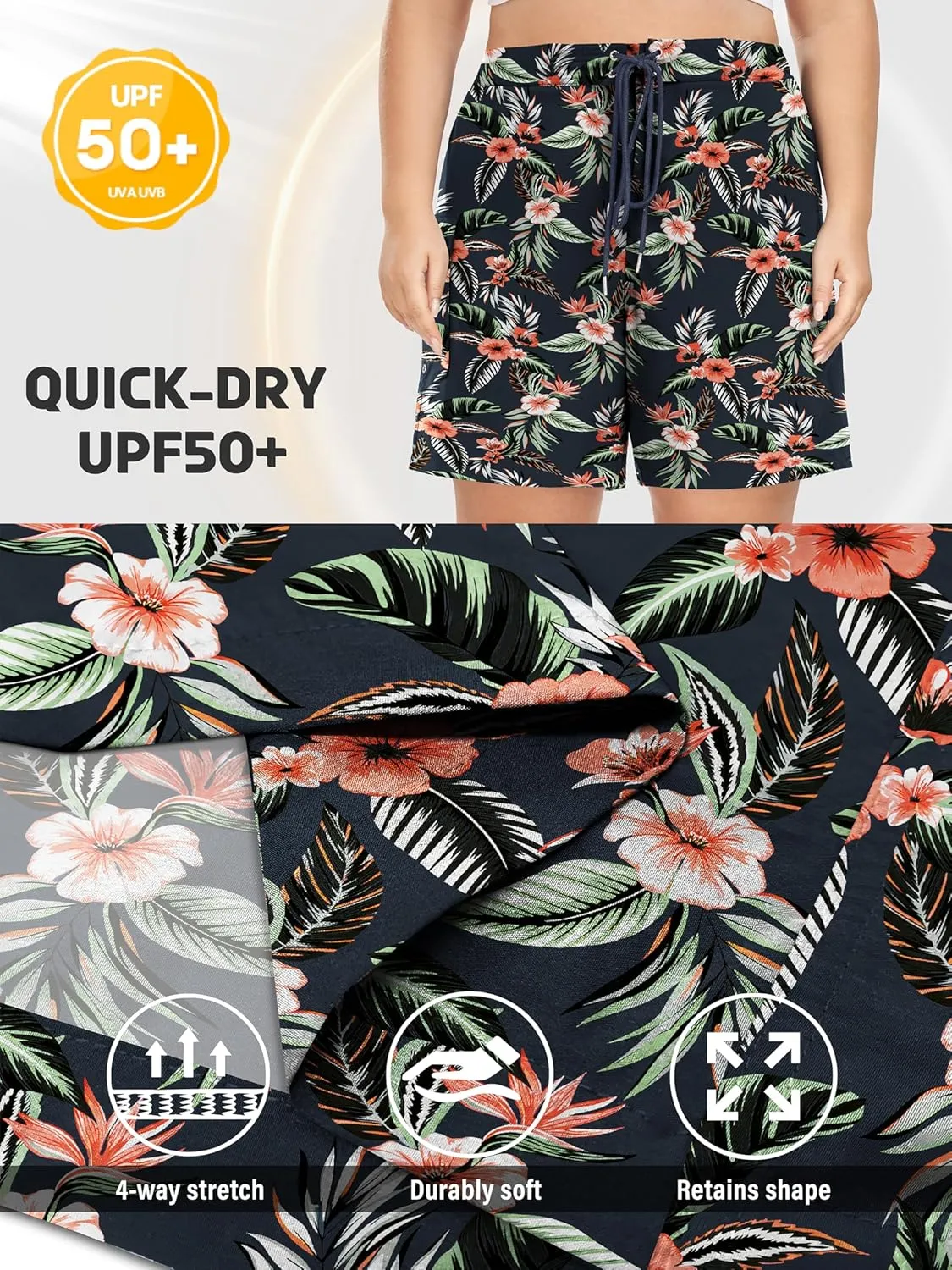 FOREYOND Women's Plus Size Board Shorts Quick Dry Swim Shorts High Waisted Swim Pants with Pockets Liner Trunks