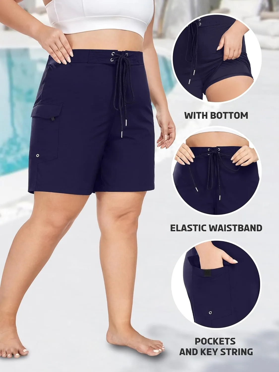FOREYOND Women's Plus Size Board Shorts Quick Dry Swim Shorts High Waisted Swim Pants with Pockets Liner Trunks
