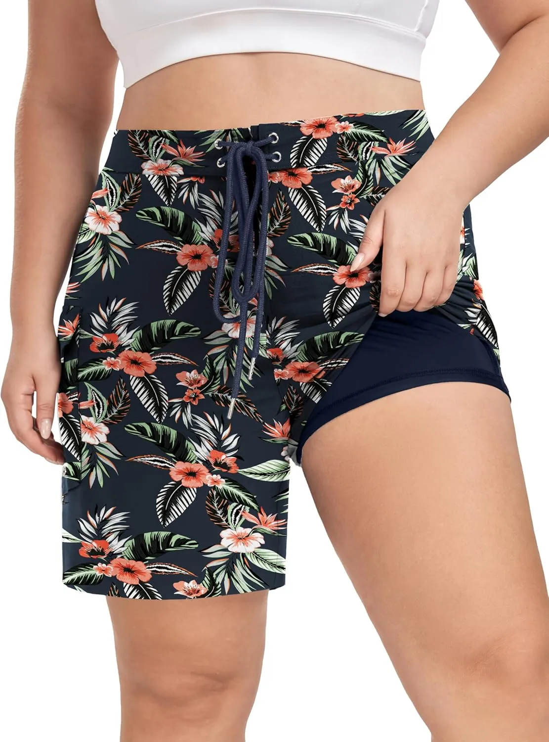 FOREYOND Women's Plus Size Board Shorts Quick Dry Swim Shorts High Waisted Swim Pants with Pockets Liner Trunks