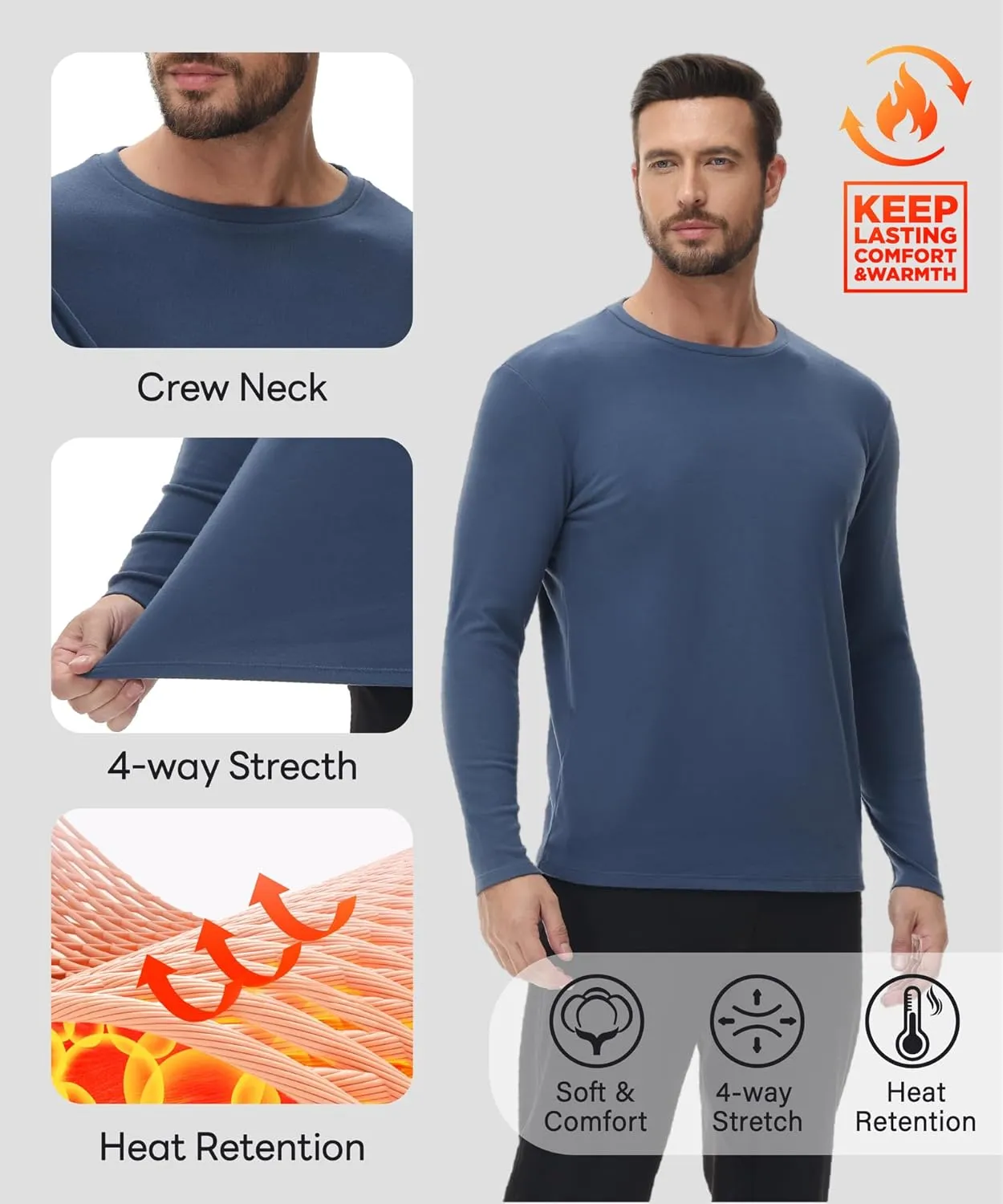 HUGE SPORTS Thermal Underwear for Men Long Sleeve Thermal Shirts Fleece Lined Crew Neck Base Layer Thermal Underwear Top