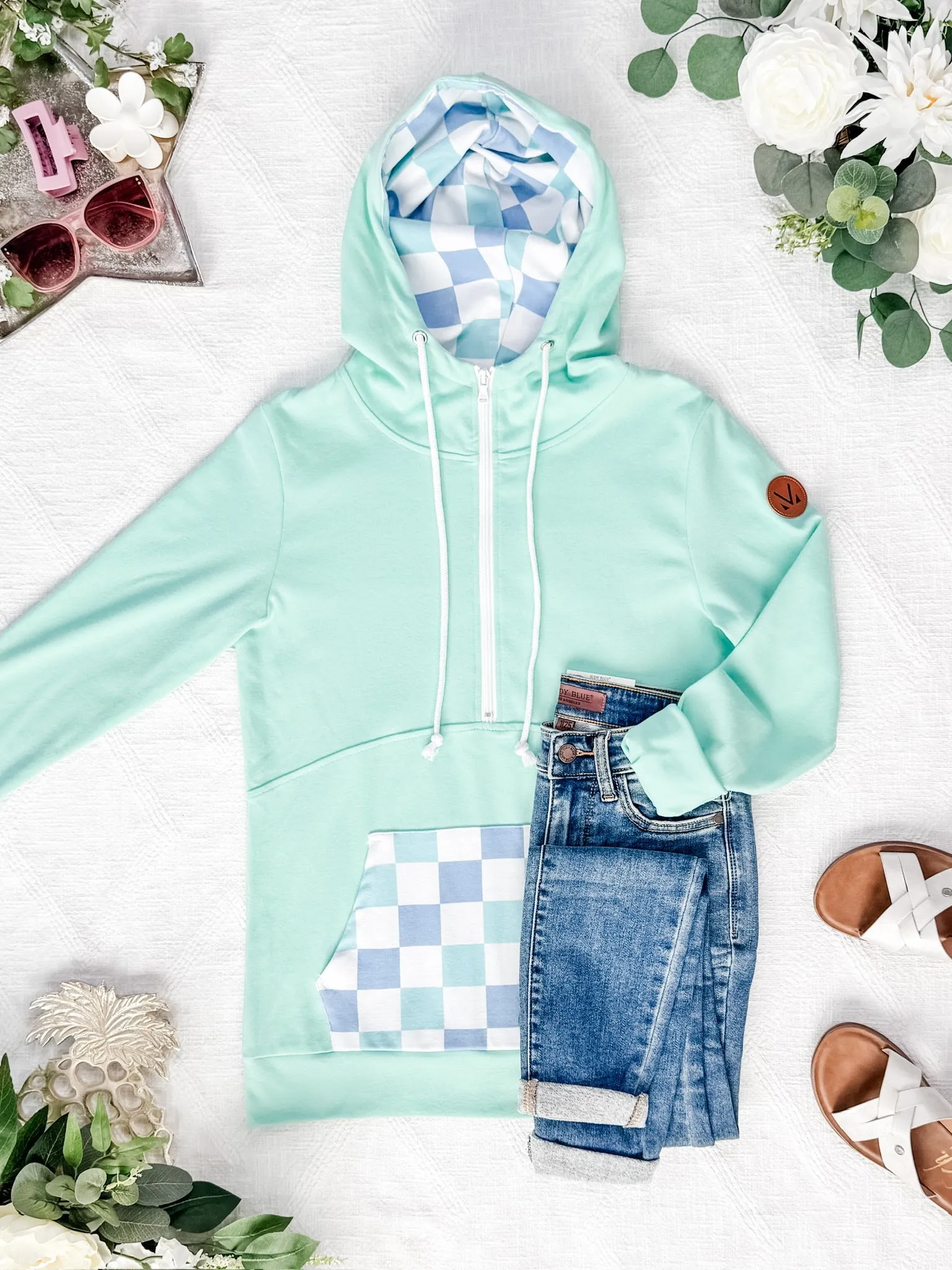 IN STOCK HalfZip Hoodie - Mint with Blue and Mint Checker MM EXCLUSIVE