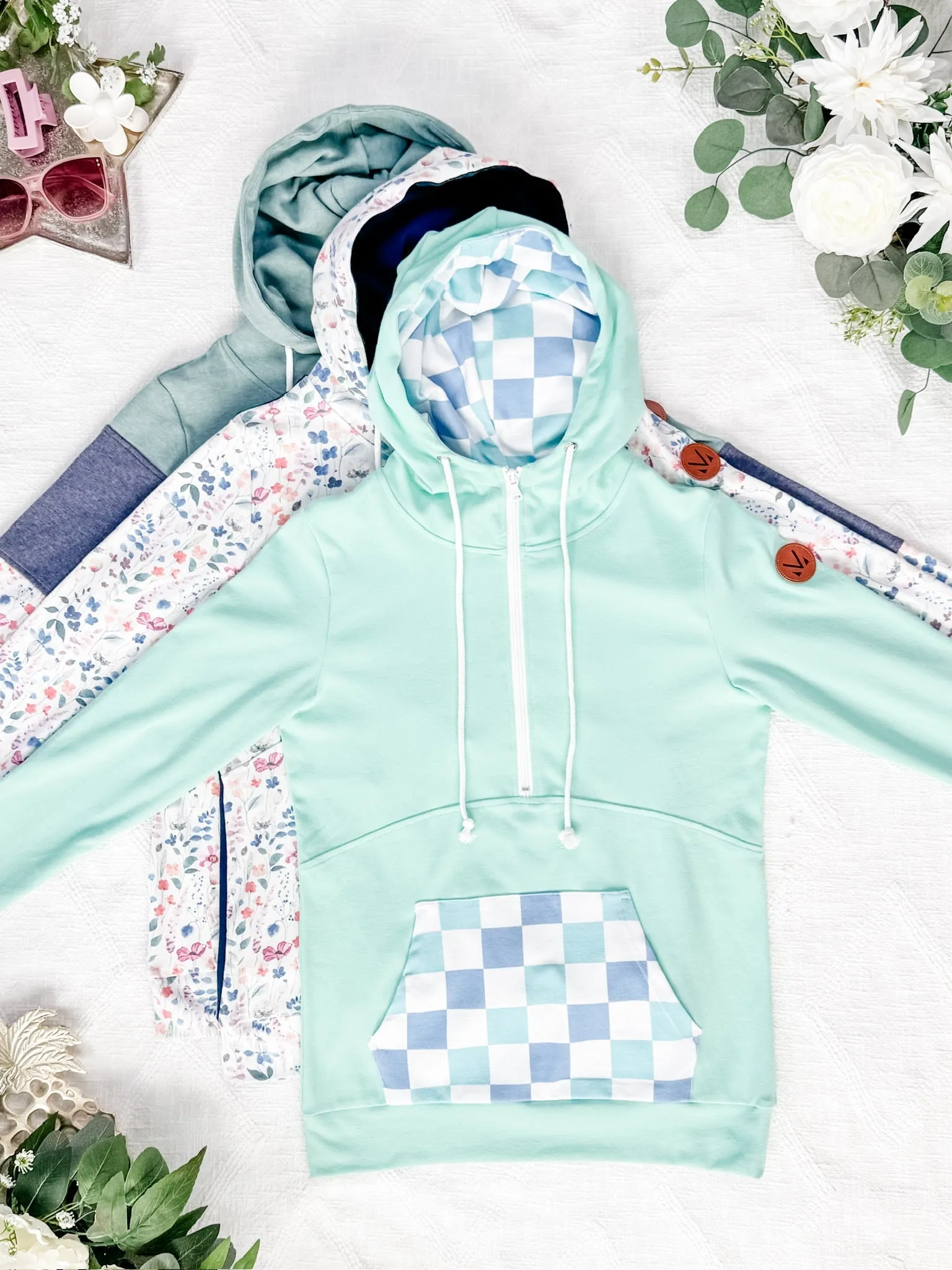 IN STOCK HalfZip Hoodie - Mint with Blue and Mint Checker MM EXCLUSIVE