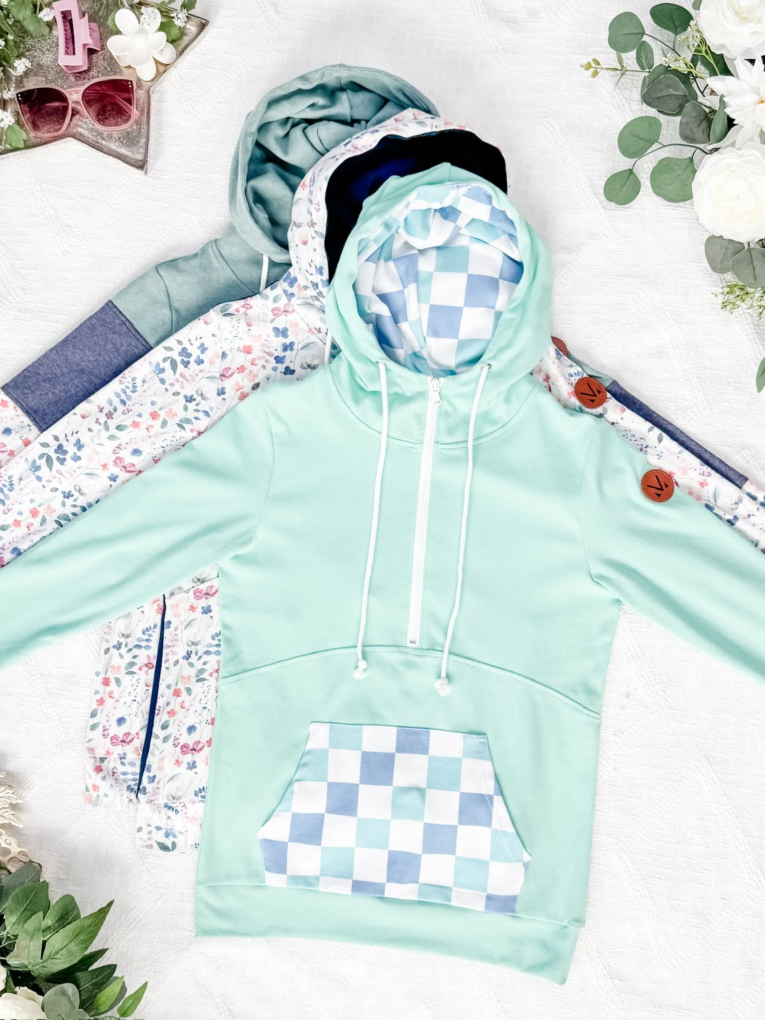 IN STOCK HalfZip Hoodie - Mint with Blue and Mint Checker MM EXCLUSIVE