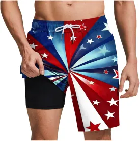 Mens American Flag Swim Trunks with Compression Liner and Pockets USA 4th of July Patriotic 2 in 1 Beach Board Shorts