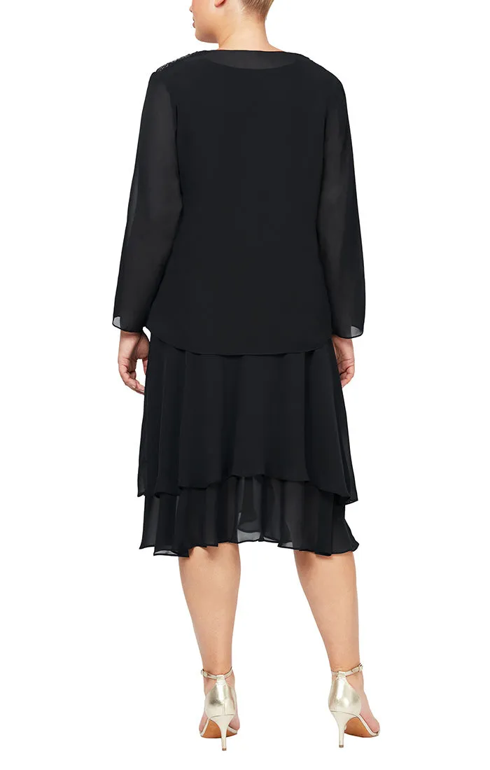 Plus - Chiffon Jacket Dress with Beaded Shoulder Detail & Tiered Skirt