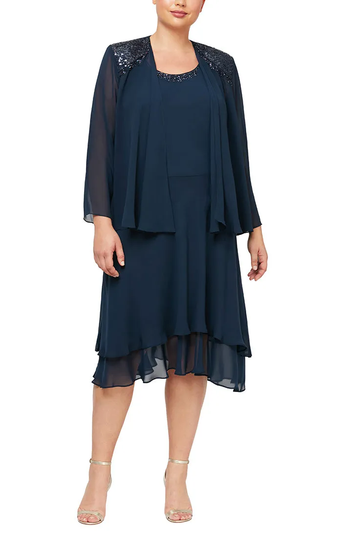 Plus - Chiffon Jacket Dress with Beaded Shoulder Detail & Tiered Skirt