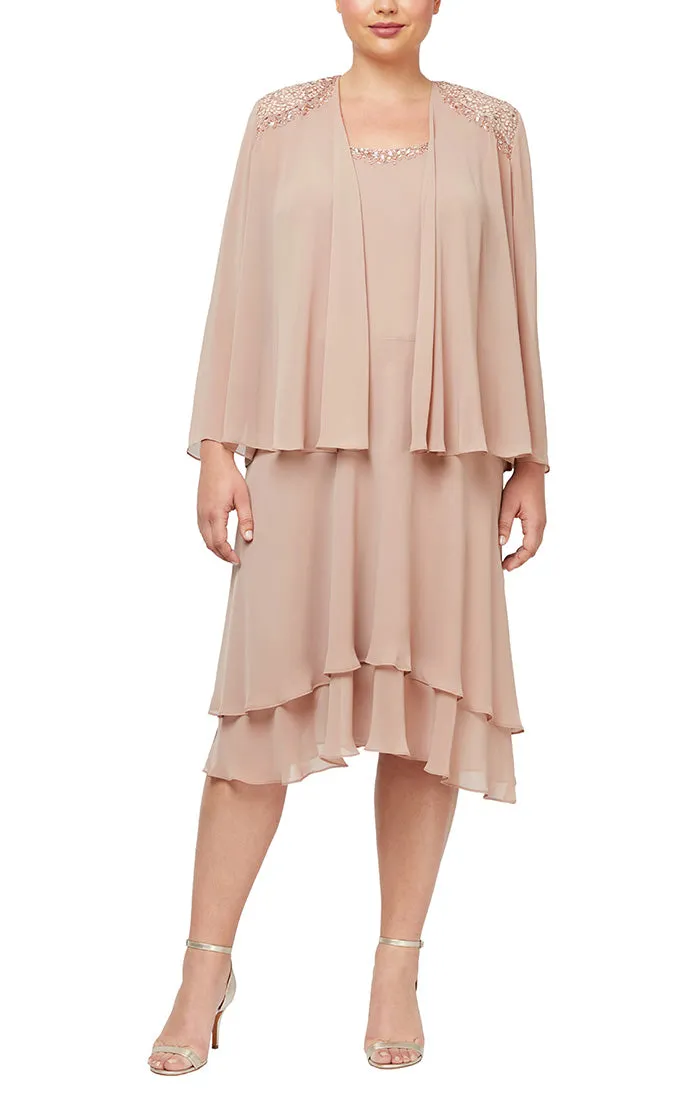 Plus - Chiffon Jacket Dress with Beaded Shoulder Detail & Tiered Skirt