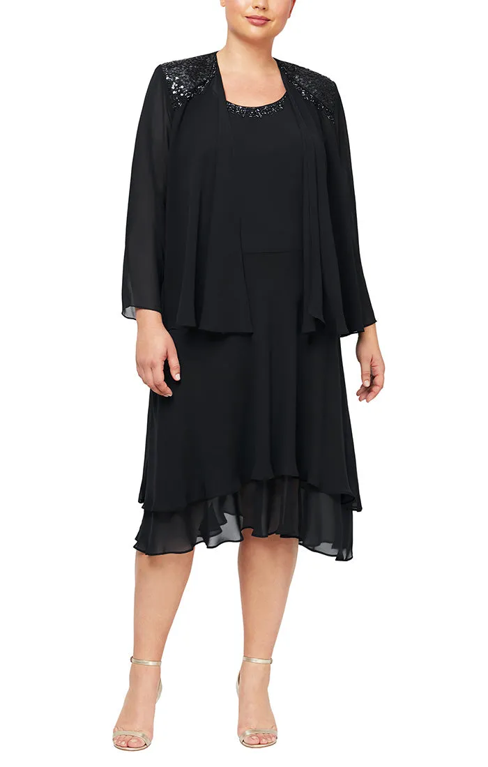 Plus - Chiffon Jacket Dress with Beaded Shoulder Detail & Tiered Skirt