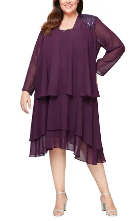 Plus - Chiffon Jacket Dress with Beaded Shoulder Detail & Tiered Skirt