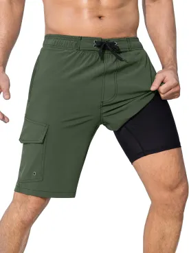 SILKWORLD Mens Swim Trunks with Compression Liner Quick-Dry 10" Stretch Beach Shorts