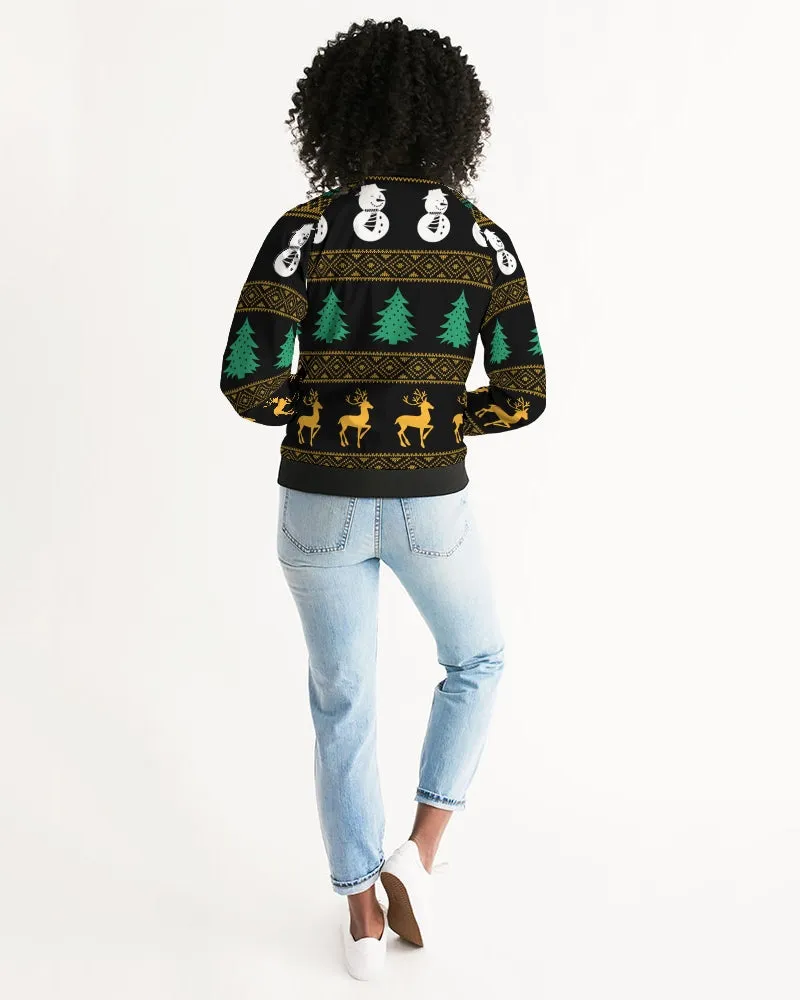 Snowman Tree Wonderland Black Women's Bomber Jacket