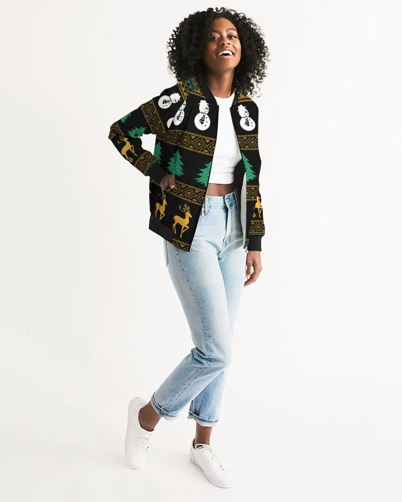 Snowman Tree Wonderland Black Women's Bomber Jacket