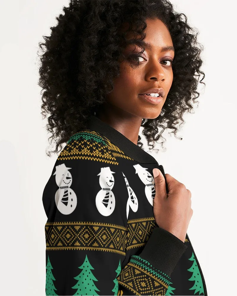 Snowman Tree Wonderland Black Women's Bomber Jacket