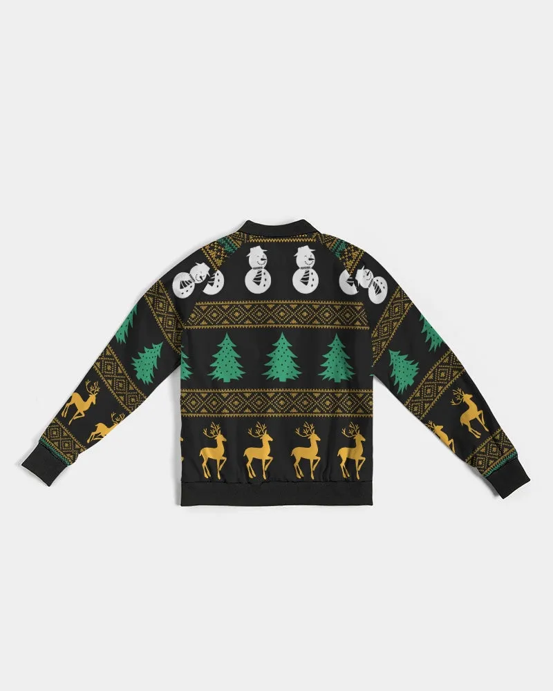 Snowman Tree Wonderland Black Women's Bomber Jacket