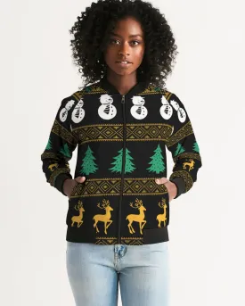 Snowman Tree Wonderland Black Women's Bomber Jacket