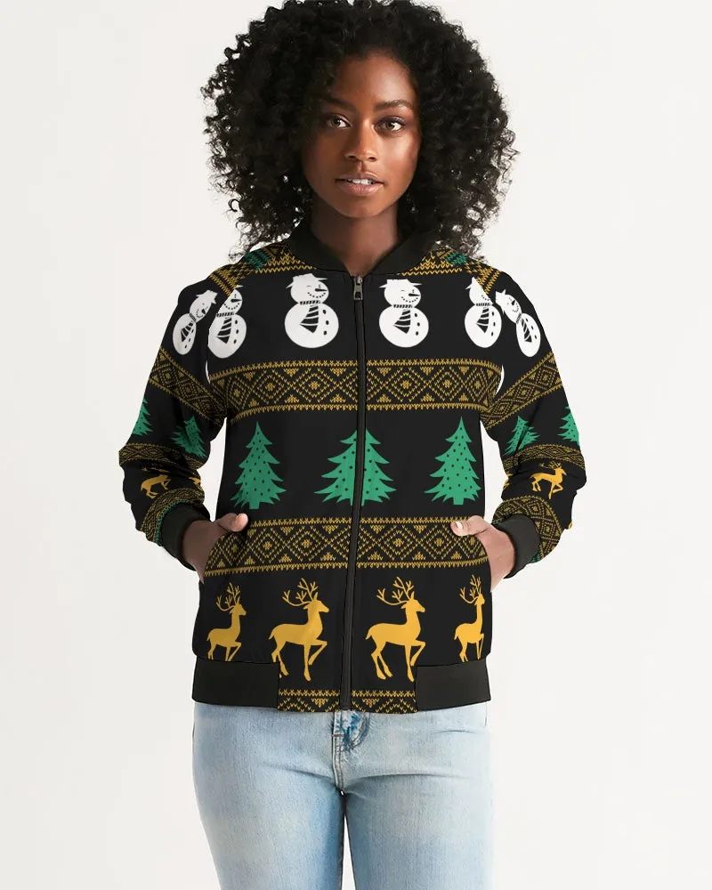Snowman Tree Wonderland Black Women's Bomber Jacket