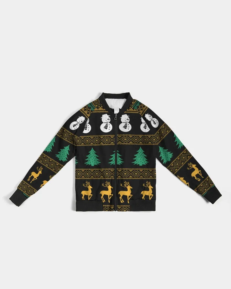 Snowman Tree Wonderland Black Women's Bomber Jacket
