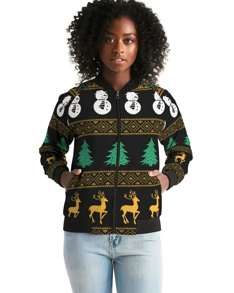 Snowman Tree Wonderland Black Women's Bomber Jacket