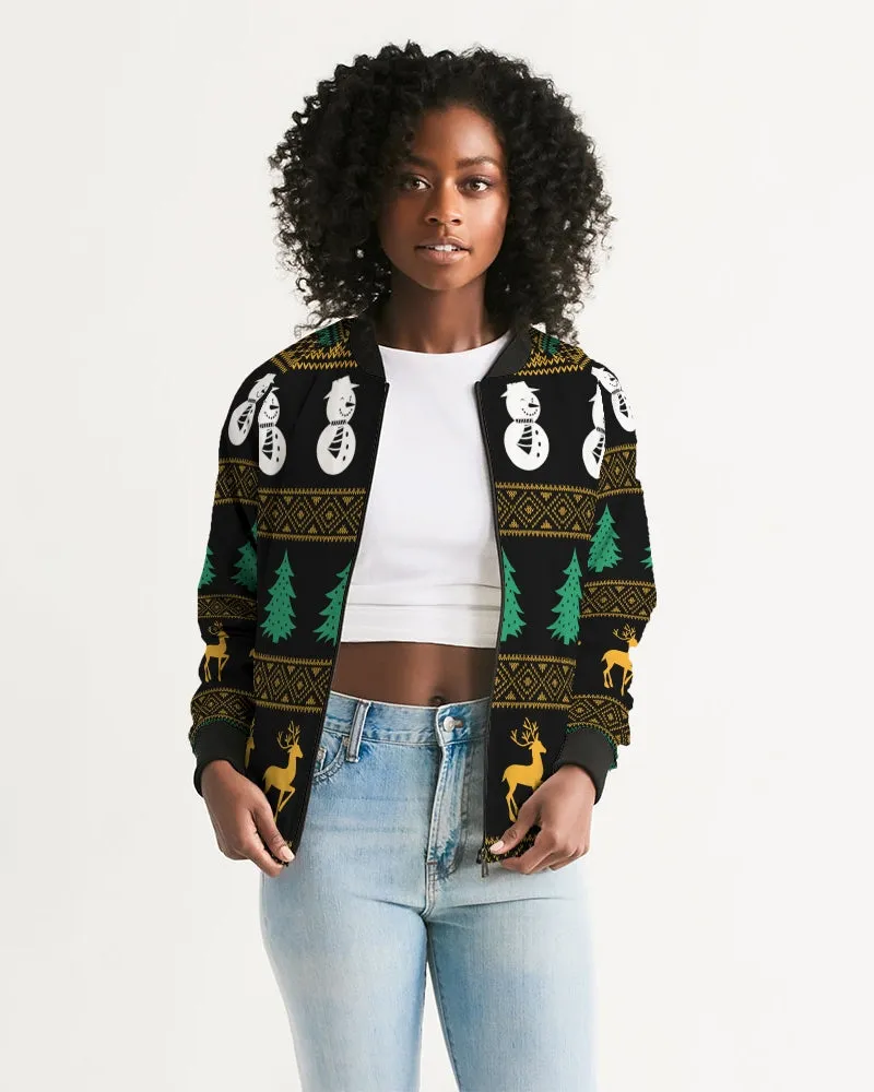 Snowman Tree Wonderland Black Women's Bomber Jacket