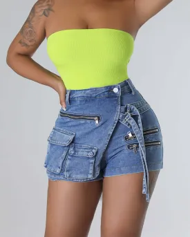 Stretch-Zip Multi-Pocket Denim Shorts