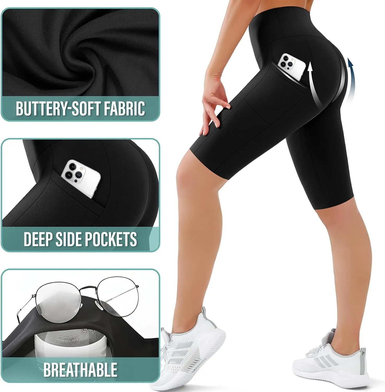 SUNCLOVE 3 Pack Biker Shorts for Women Tummy Control Workout Yoga Gym Running Shorts with Pockets
