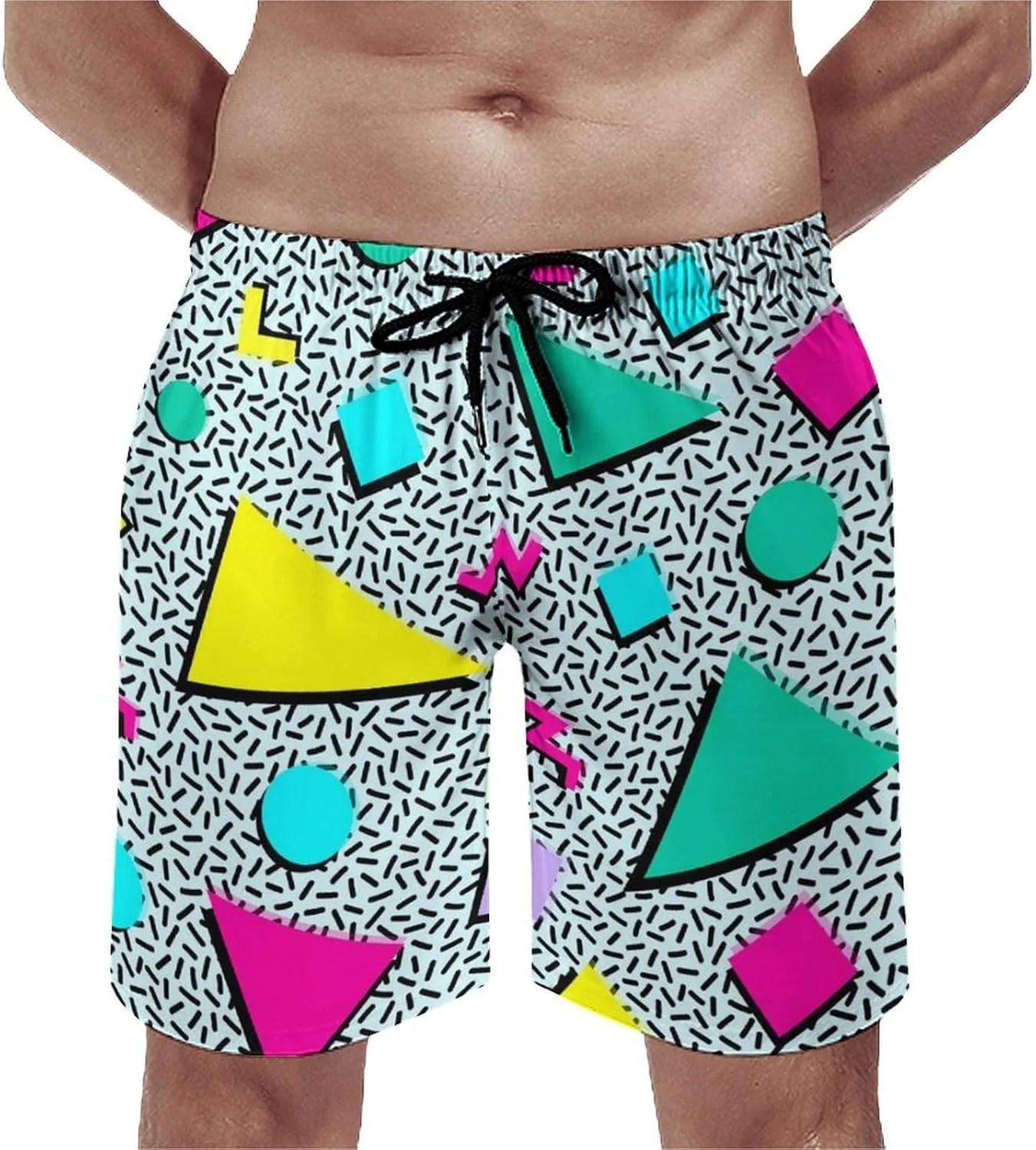 Vintage 80s Memphis Mens Beach Shorts Funny Elastic Waist Quick Dry Swim Trunks